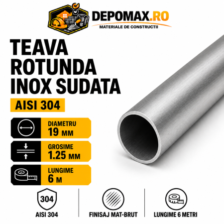 Teava rotunda inox sudata AISI 304, 19 x 1.25 mm, 6 metri